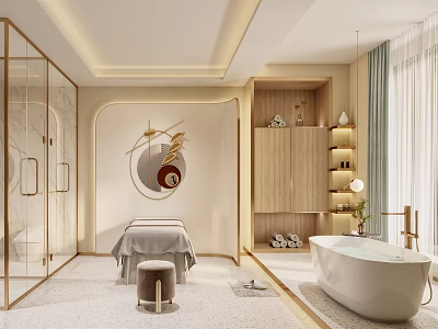 Luxury SPA Sauna With Massage Table Bathtub Glass Partition Wooden Cabinets Warm Tones Modern Design 3d model