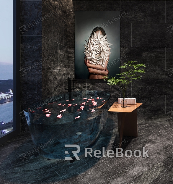 Modern Bathtub Tub Blue Acrylic Bathtub Side Desk Modern Decorative Painting Bathroom Black Brick model