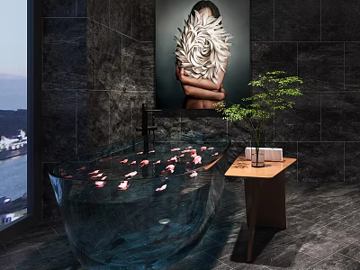 Luxury Bathtub with Water Rose Petals Wooden Side Table Green Plant Artwork on Dark Wall 3d model