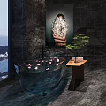 Luxury Bathtub with Water Rose Petals Wooden Side Table Green Plant Artwork on Dark Wall