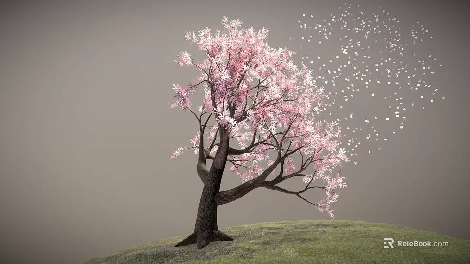 Beautiful Pink Blossom Tree With Dark Trunk On Green Grassy Hill And Falling White Petals 3d model 