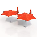 Open Red Outdoor Umbrellas With Silver Poles On White Background
