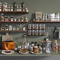 Organized Kitchen Utensils With Wooden Shelves Storage Jars And Green Countertop