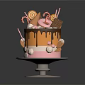 Colorful Decorated Cake With Chocolate Drizzle Lollipops And Candy On Glass Stand