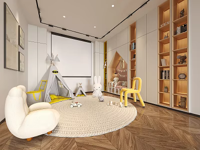 Modern Kids Entertainment Room Featuring Play Tent Projection Screen Yellow Chairs And Plush Rug 3d model