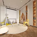 Modern Kids Entertainment Room Featuring Play Tent Projection Screen Yellow Chairs And Plush Rug