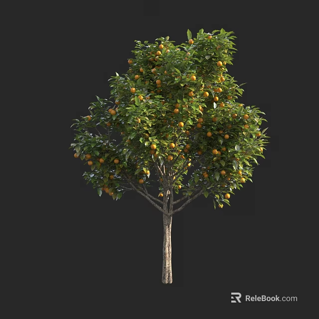 Lush Green Leafy Tree with Abundant Orange Fruits and Brown Trunk 3d model 