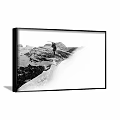 Black and White Landscape Painting Featuring Person Jumping Over Snowy Mountain Slope