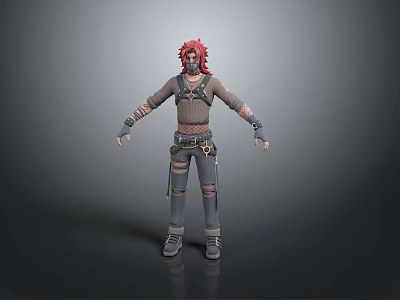 Futuristic 3D Character Model With Red Hair And Torn Leather Outfit Standing Pose 3d model