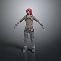 Futuristic 3D Character Model With Red Hair And Torn Leather Outfit Standing Pose
