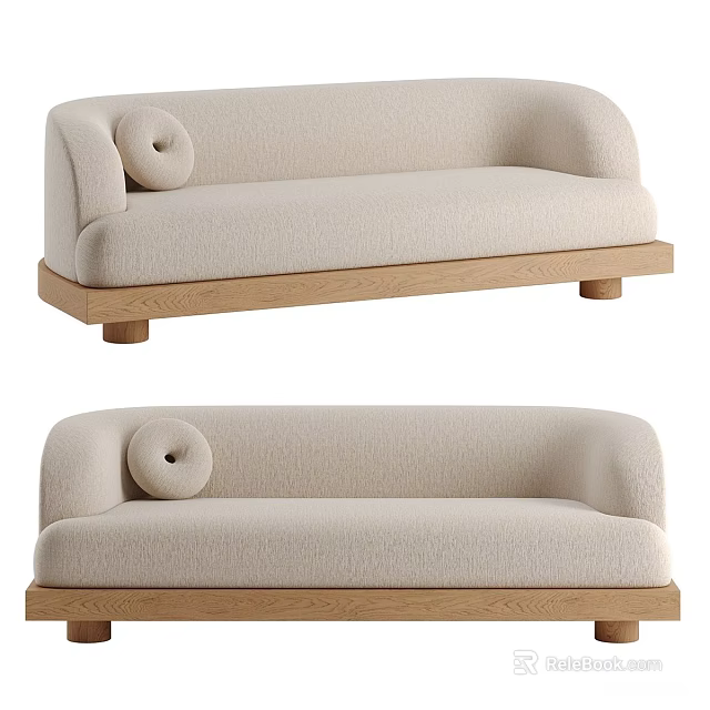 Modern Beige Two Seater Sofa with Rounded Armrests Circular Button and Wooden Base 3d model