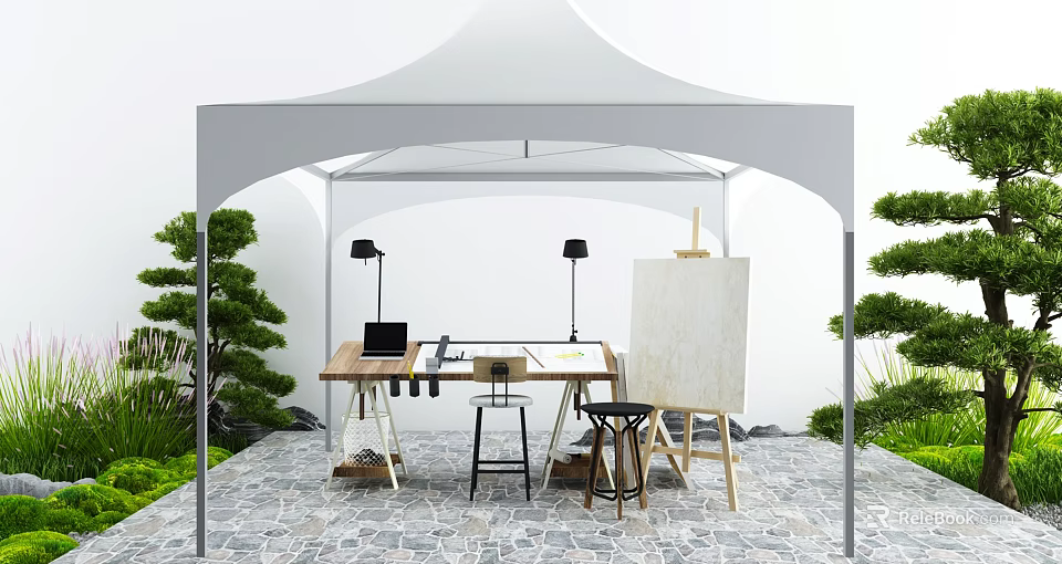Outdoor White Tent Workspace With Wooden Table Laptop Easel Stools Green Plants And Stone Floor 3d model 
