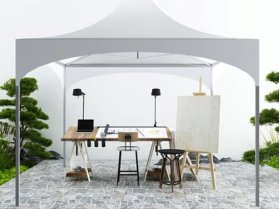 Outdoor White Tent Workspace With Wooden Table Laptop Easel Stools Green Plants And Stone Floor 3d model