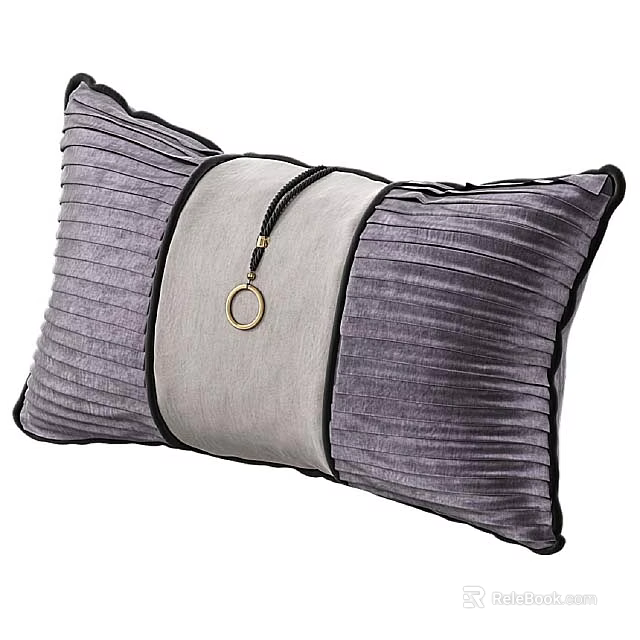 Elegant Gray Pleated Velvet Throw Pillow With Central Strap And Metal Ring Accent 3d model 