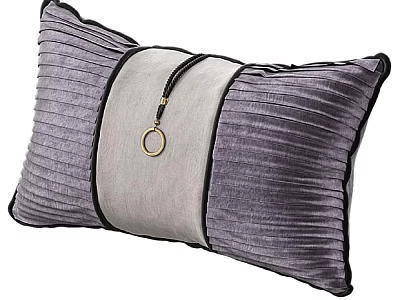 Elegant Gray Pleated Velvet Throw Pillow With Central Strap And Metal Ring Accent 3d model