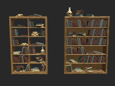 Wooden Bookcases with Multiple Shelves Filled with Books and Decorative Items Skull Vase Stacked Books 3d model