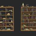 Wooden Bookcases with Multiple Shelves Filled with Books and Decorative Items Skull Vase Stacked Books