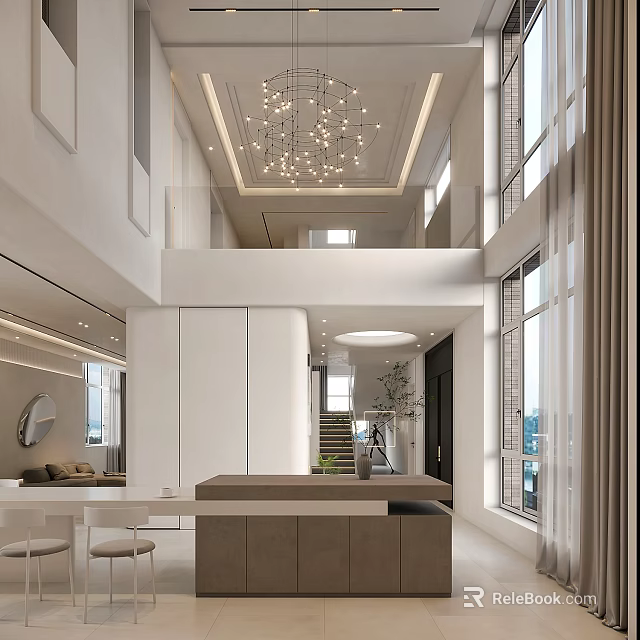 Modern Duplex Living Room Interior With Chandelier High Ceiling And Large Windows 3d model 
