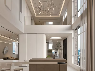 Modern Duplex Living Room Interior With Chandelier High Ceiling And Large Windows 3d model