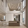 Modern Duplex Living Room Interior With Chandelier High Ceiling And Large Windows