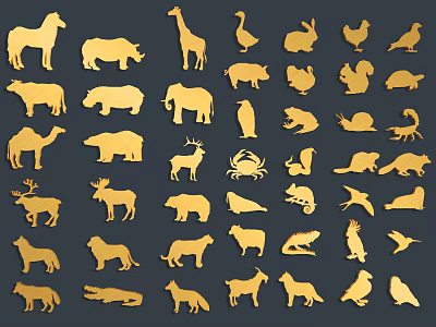 Golden Animal Silhouettes Collection With Various Animals On Black Background 3d model