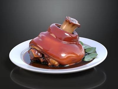 Roast Pork Knuckle on White Plate with Sauce and Fresh Green Leaves 3d model