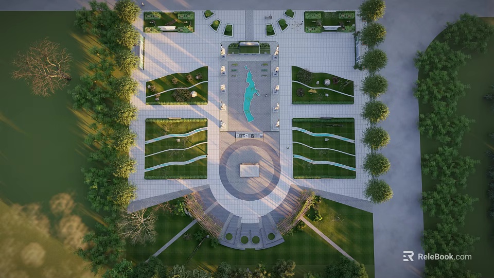 Aerial View Of Large Symmetrical Landscape With Green Spaces Water Pools And Circular Plaza 3d model 