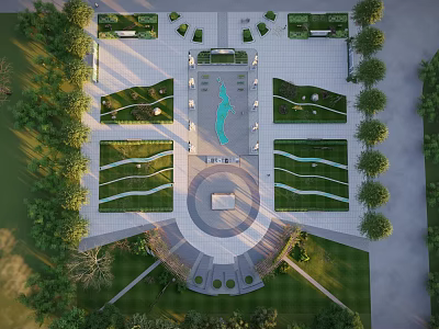 Aerial View Of Large Symmetrical Landscape With Green Spaces Water Pools And Circular Plaza 3d model