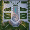 Aerial View Of Large Symmetrical Landscape With Green Spaces Water Pools And Circular Plaza
