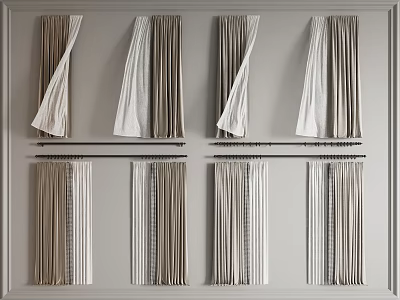 Elegant Beige and White Curtains with Textured Fabric Different Hanging Styles on Gray Wall 3d model