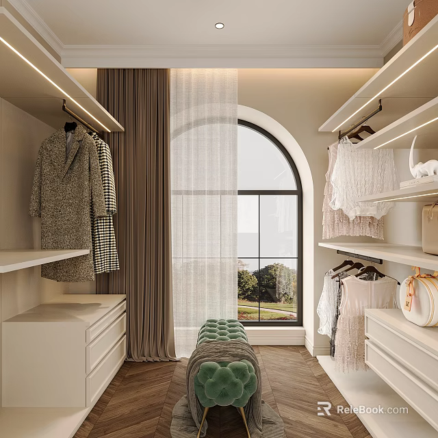 Modern Walk in Closet Interior With Arched Window Curtains And Tufted Bench 3d model 