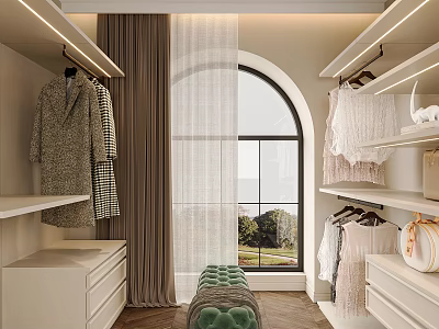 Modern Walk in Closet Interior With Arched Window Curtains And Tufted Bench 3d model