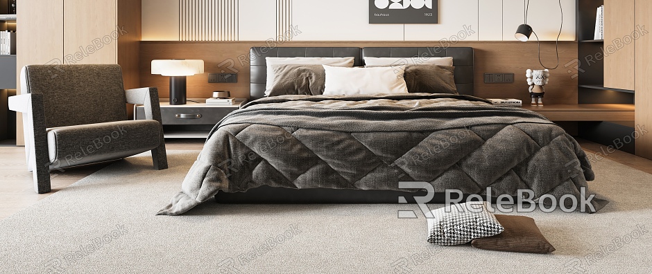 Modern Double Bed Cork Bed Master Bedroom model