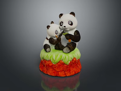 Game Movie Panda Characters Mother And Baby Sitting On Green Grass Red Base Figurine 3d model