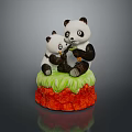 Game Movie Panda Characters Mother And Baby Sitting On Green Grass Red Base Figurine