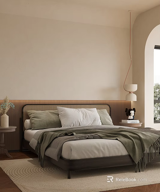 Cozy Bedroom Interior With Woven Headboard Green White Pillows Green Blanket And Beige Walls 3d model 
