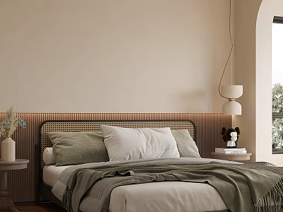 Cozy Bedroom Interior With Woven Headboard Green White Pillows Green Blanket And Beige Walls 3d model