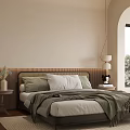 Cozy Bedroom Interior With Woven Headboard Green White Pillows Green Blanket And Beige Walls