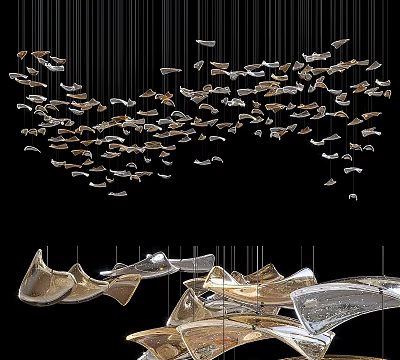 Modern Artistic Metallic Fish Shaped Chandelier Cluster Hanging On Black 3d model