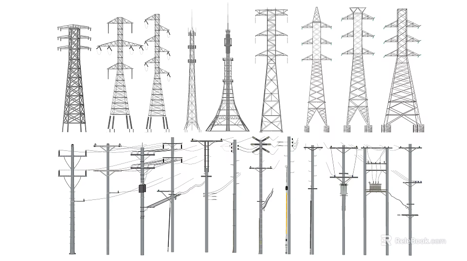 Industrial Equipment Display Of Transmission Towers And Utility Poles With Diverse Structures 3d model 