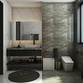 Elegant Modern Marble Tiled Bathroom With Large Window Floating Vanity And Smart Toilet