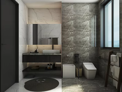Elegant Modern Marble Tiled Bathroom With Large Window Floating Vanity And Smart Toilet 3d model