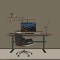Modern Desk Chair Set With Wooden Desktop Metal Frame Monitor Wall Mounted Shelf And Plants