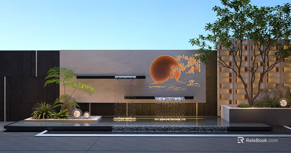 Modern Outdoor Decorative Wall With Circular Design Water Fountain And Green Plants 3d model 