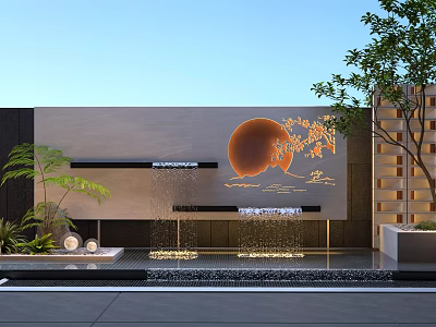 Modern Outdoor Decorative Wall With Circular Design Water Fountain And Green Plants 3d model