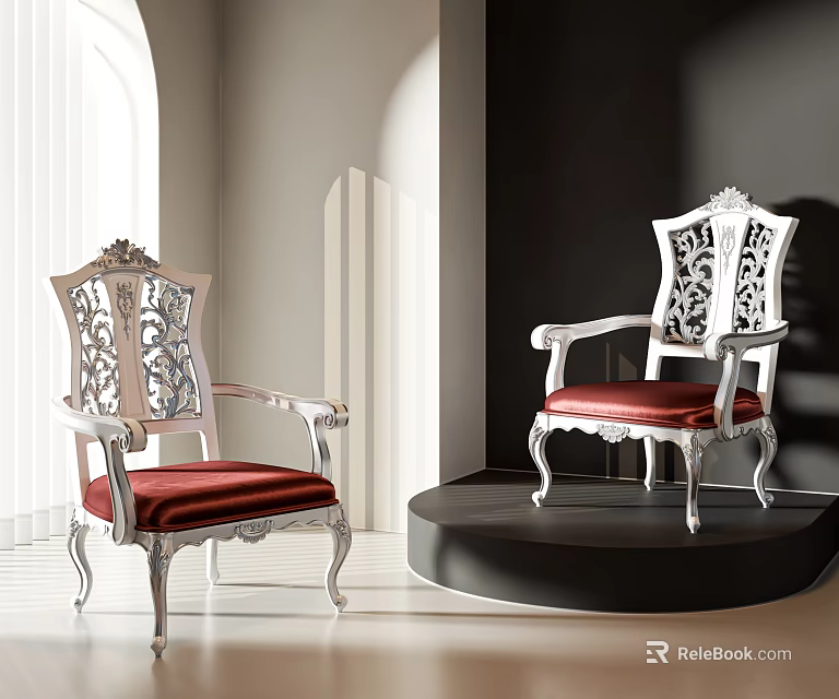 Elegant Ornate Armchair With White Frame Red Velvet Upholstery And Intricate Carvings 3d model 