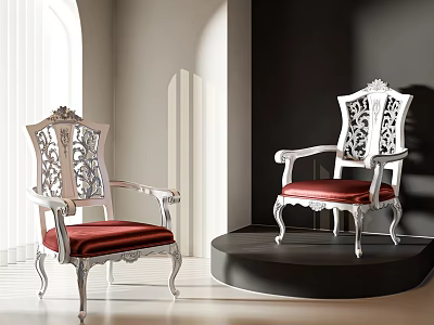 Elegant Ornate Armchair With White Frame Red Velvet Upholstery And Intricate Carvings 3d model