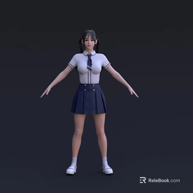 Young Woman Wearing White Top Blue Tie Dark Blue Pleated Skirt White Socks And Shoes 3d model 
