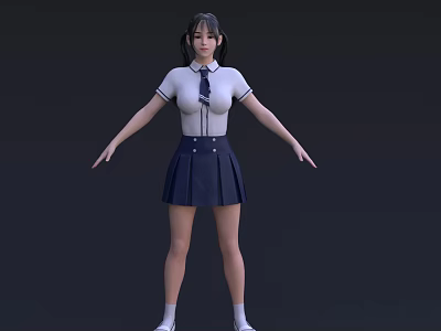 Young Woman Wearing White Top Blue Tie Dark Blue Pleated Skirt White Socks And Shoes 3d model