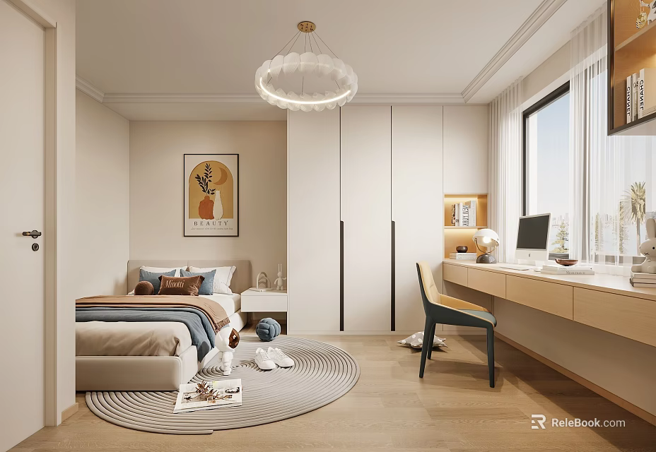 Bright Kids Room Interior Design With Bed Round Rug Desk Chair Chandelier And Wall Art 3d model 